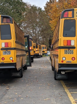 School busses line up at LHS for repeated runs.