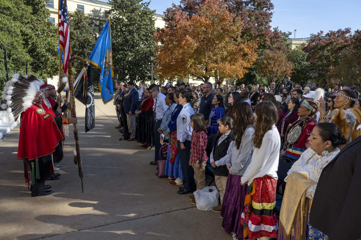 Members+of+the+Kiowa+Black+Leggings+Warrior+Society+and+Zotigh+Singers+present+the+colors+during+a+celebration+at+the+Pentagon+for+National+Native+American+Heritage+Month%2C+Nov.+8%2C+2023.+Photo+courtesy+of+Navy+Petty+Officer+1st+Class+Alexander+Kubitza.