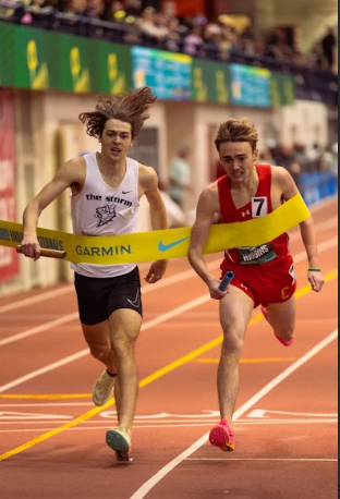 Former Lancaster athlete Colton Thress(left) out leans competitor to win the 4x8 National Championship in New York City at the 2023 Nike Indoor Nationals Meet.