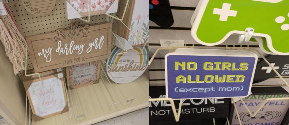 Advertising in a store that shows stereotypical gender marketing aimed at children.
