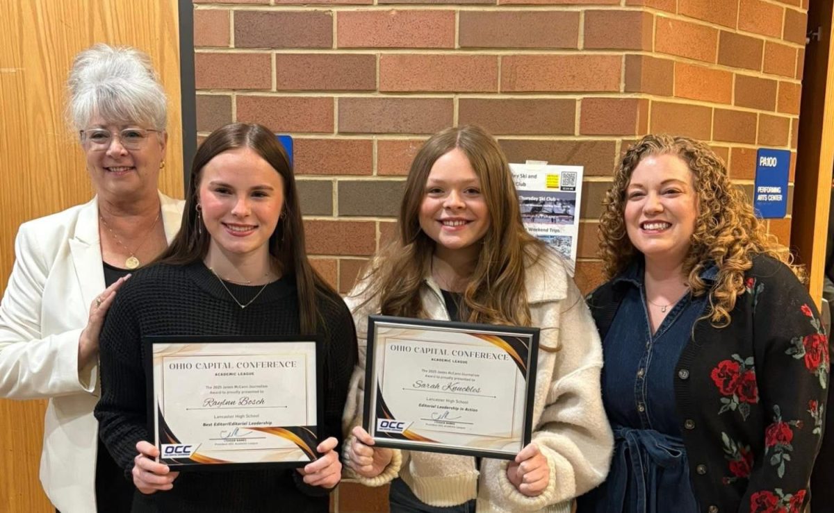 LHS members at the 2024-2025 OCC Academic Awards ceremony. From left to right: Journalism teacher Ms. Mendicino, Raylnn Bosch, Sarah Knuckles, Yearbook teacher Mrs. Damanti.
