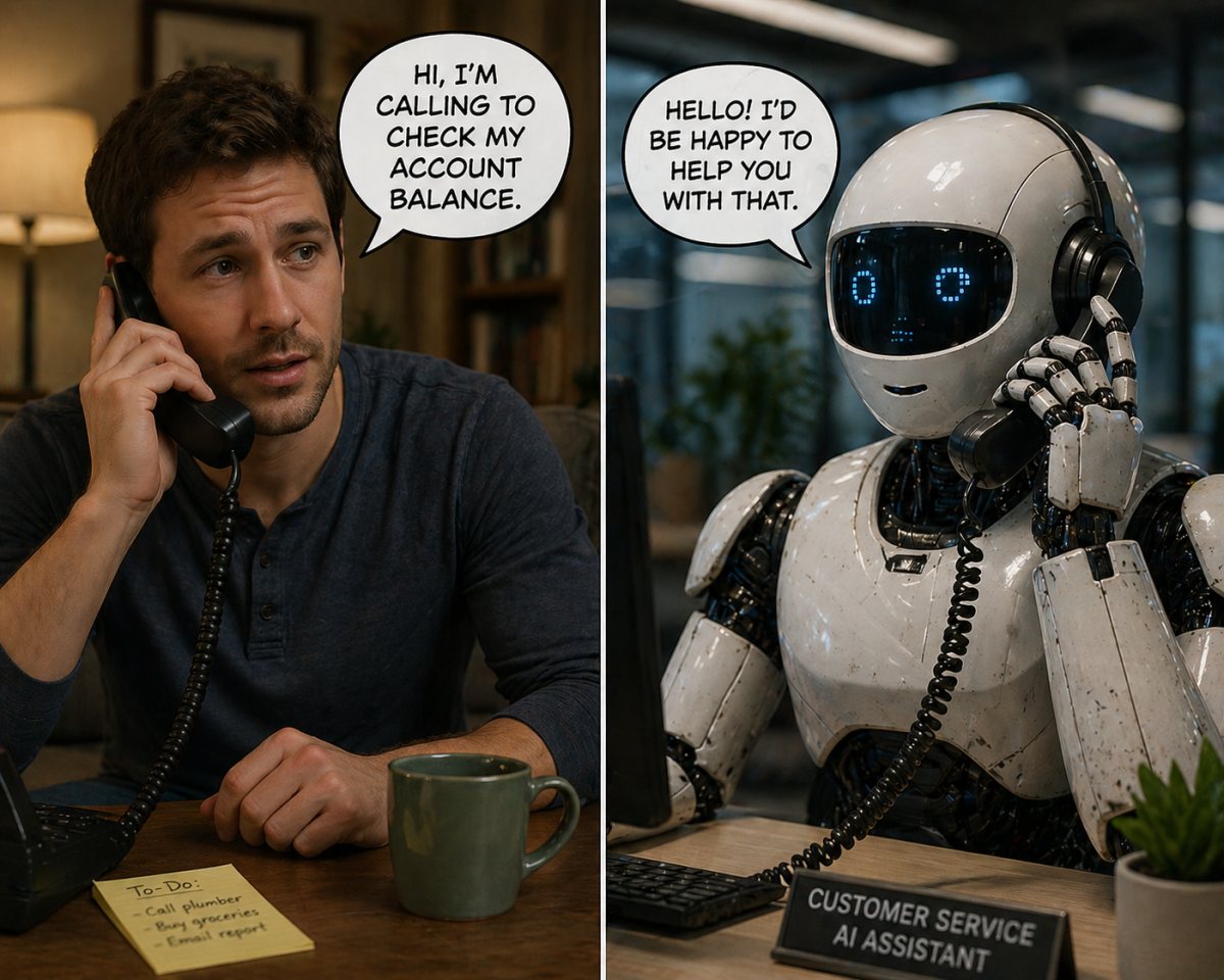 Image of a person speaking to a robot. Image created through Chat gpt.

